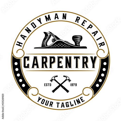 woodworking logo. wood planer inside ornamental circle, carpenter's symbol, for carpentry or furniture