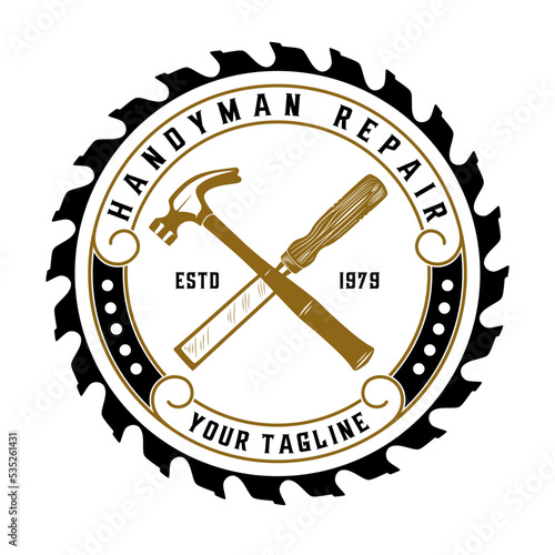 woodworking vintage logo. Hammer, antique chisel and saw icon for woodworking, carpentry, furniture design