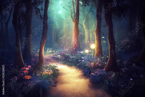 Fotografie, Tablou Enchanted forest at night in sparkling lights