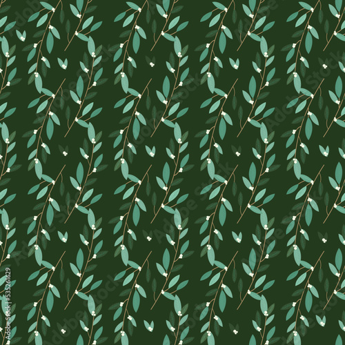 Seamless vector pattern eucalyptus branch with red berries on a green background.