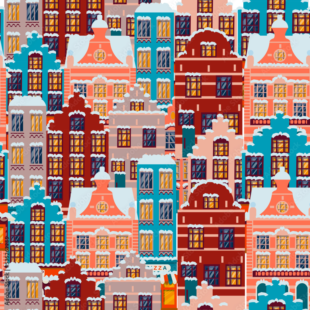 Seamless pattern with Belgian and Dutch houses. Background with winter old houses in the snow. illustration in a flat cartoon style for packaging, wallpaper, design, decor for Christmas and New Year