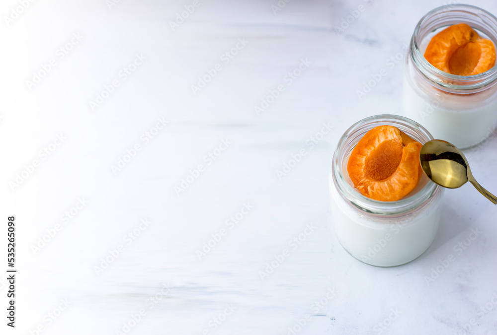 Banner with space for text on a white background. Homemade yogurt with apricot Banner with space for text on a white background. Homemade yogurt with apricot