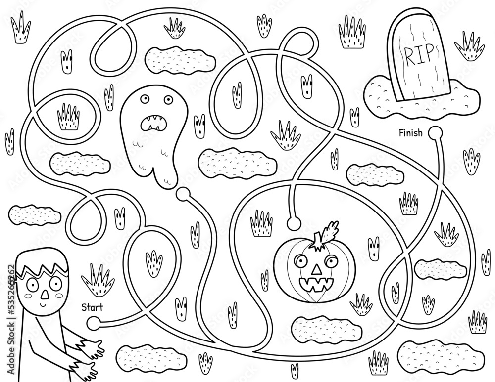 Help cute zombie find path to the tomb. Black and white Halloween maze game for kids in cartoon style. Funny puzzle for school and preschool. Vector illustration Help cute zombie find path to the tomb. Black and white Halloween maze game for kids in cartoon style. Funny puzzle for school and preschool. Vector illustration