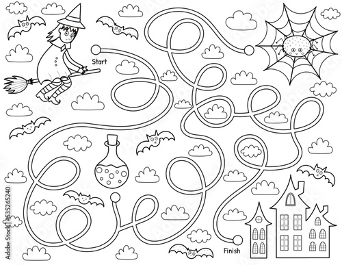 Help a cute witch find path to home. Black and white Halloween maze game for kids in cartoon style. Labyrinth puzzle for school and preschool. Vector illustration
