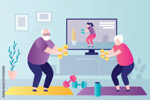 Elderly couple doing sports by video lesson. Retirees exercising with dumbbells at home