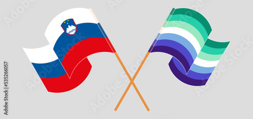 Crossed and waving flags of Slovenia and gay men pride
