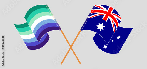 Crossed and waving flags of gay men pride and Australia