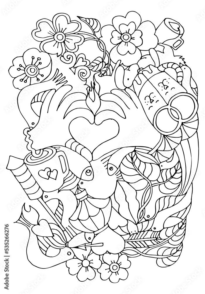 Coloring page. Valentine day. Love. Coloring book worksheet. Hand drawn vector illustration.