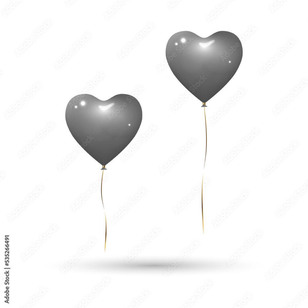 Heart balloons in silver gray solid colour with gold ribbons. Isolated on white background with shadow, mockup template object. Realistic 3D vector illustration.