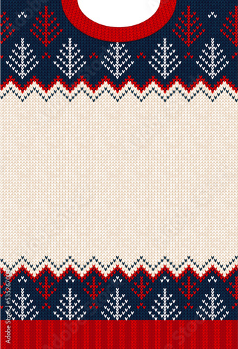 Ugly sweater Christmas party invite. Knitted background pattern scandinavian knitting ornaments.