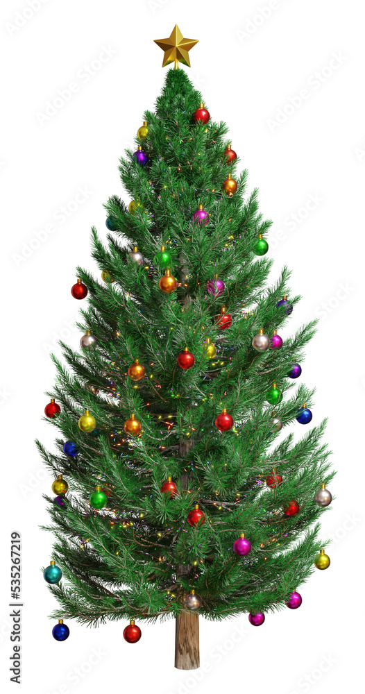 3D Rendering Realistic Christmas Tree with shine glitter Christmas ball and colorful light isolated on white background.For Merry Christmas design element with clipping path