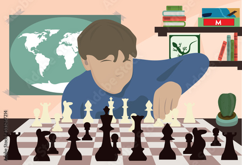 A child playing chess against the background of a world map and board games