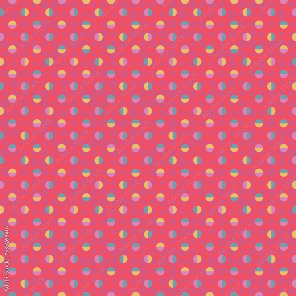 Colourful Polka-Dots on red background - seamless vector pattern. Bold geometric pattern with tiled circles and semicircles. Great for fashion, home decor and wallpaper.