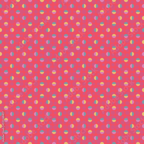 Colourful Polka-Dots on red background - seamless vector pattern. Bold geometric pattern with tiled circles and semicircles. Great for fashion, home decor and wallpaper.