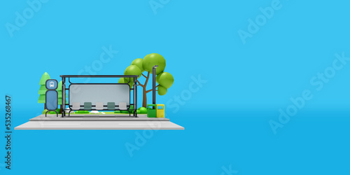 Empty bus stop shelter near the road on gradient background. 3d rendering image of low poly objects. © MIRROR IMAGE STUDIO