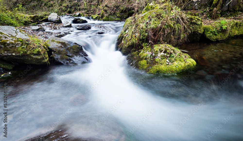 Mossy rocks in stream with smooth flowing water Mossy rocks in stream with smooth flowing water