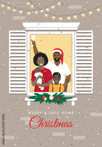 2023 Merry and safe home Christmas greeting vector card, poster, banner. Happy cheerful african american family of parents and young children at apartment window, fir tree decor, Santa hat, Chapmagne 