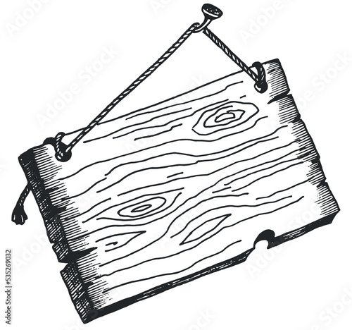 Information board sign pointer hanging on a coarse rope.