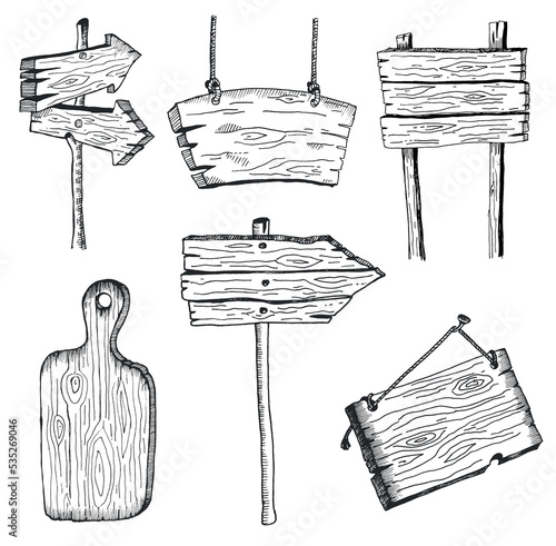 Set of wooden signs, pointers and cutting board