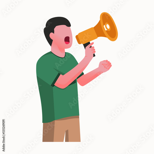 Man holding megaphone while speaking oration passionately flat design