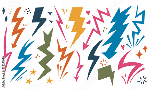Handdrawn lightning set doodle icon. Hand drawn colorful set. Flash sign cartoon symbol. Decoration element. Vector Isolated illustration on white background