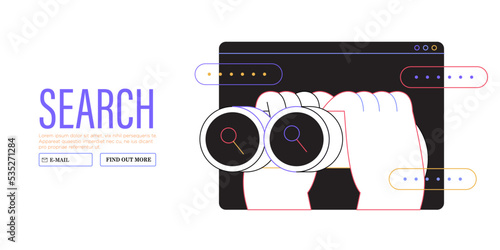Curious man looking through binoculars. Business metaphore for search or research, development, web surfing. Trendy outline vector characters for web or ui design. Search character concept.
