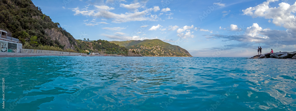 View over the pebble beach of Moneglia on the Ligurian coast