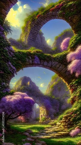 Fairytale garden with stone arch and lilacs. Fantasy landscape, lilac bushes, stone arch, portal, entrance, unreal world. 3D illustration © MiaStendal