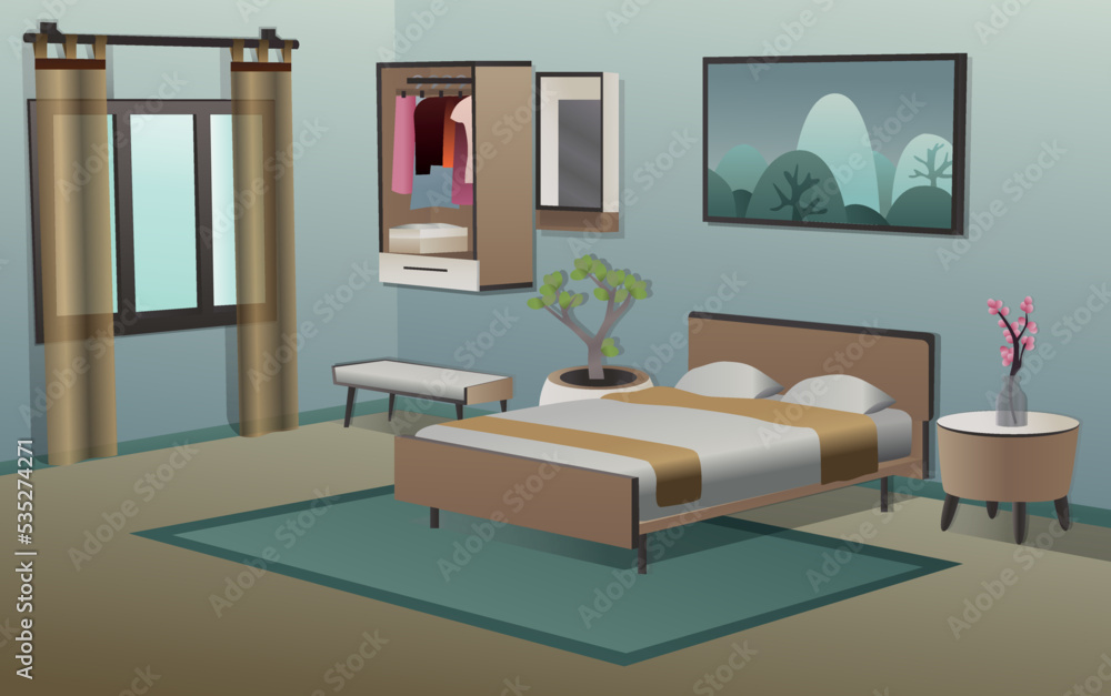 Bedroom with bed, wardrobe, mirror and bedside table Bedroom with bed, wardrobe, mirror and bedside table