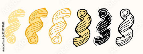 a set of cavatappi pasta, twisted into a spiral. Vector variants of a collection of one dry yellow paste, silhouettes contour isolated drawn in sketch style on white for a design template. italian cav
