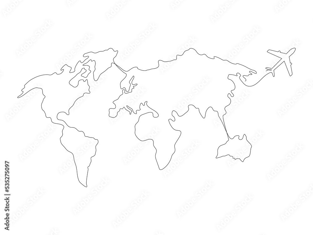 Continuous Earth with flying airplane doodle line drawing. Vector illustration isolated on white background.