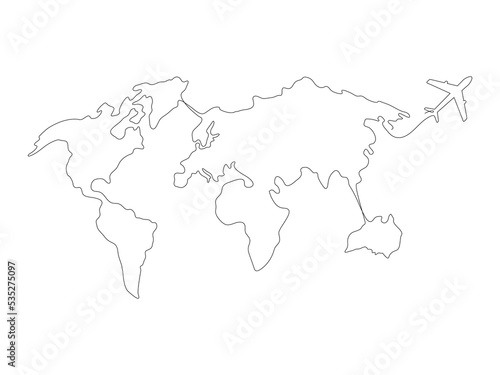 Continuous Earth with flying airplane doodle line drawing. Vector illustration isolated on white background.