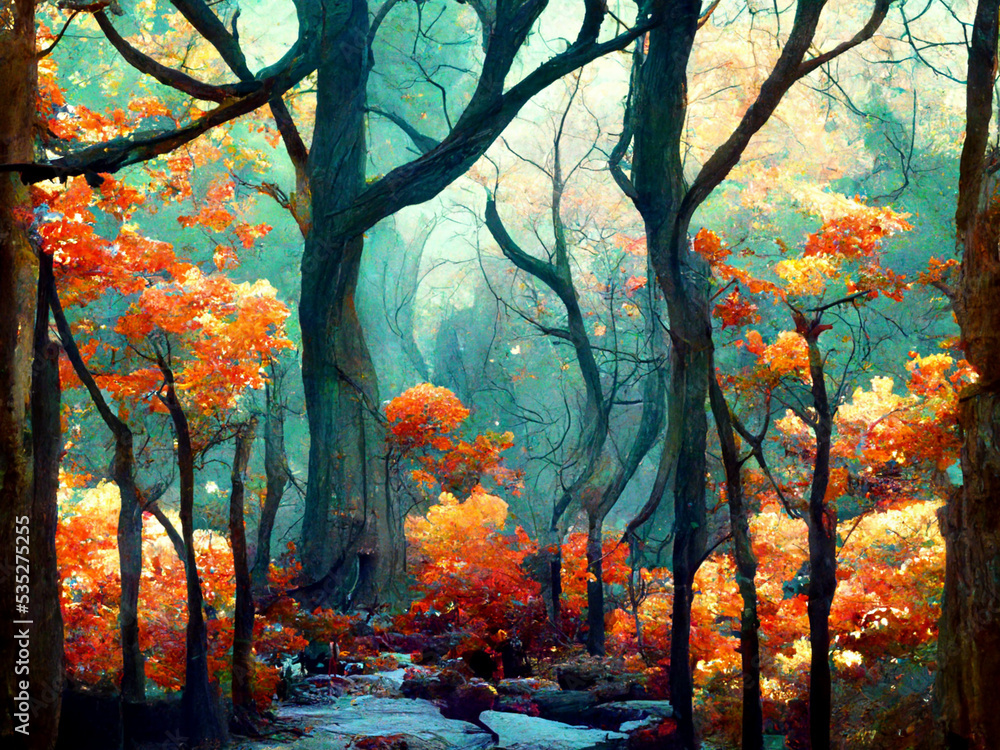 comforting digital painting of a forest in autumn 