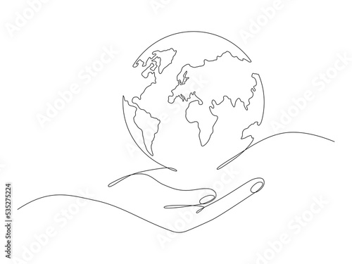 Human hand holding Earth globe continuous line art drawing. Save of Planet linear concept. Vector illustration isolated on white.
