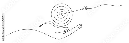 Human hand holding target with arrow continuous line drawing. Hand drawn linear goal circle. Save business strategy concept. Vector illustration isolated on white.	