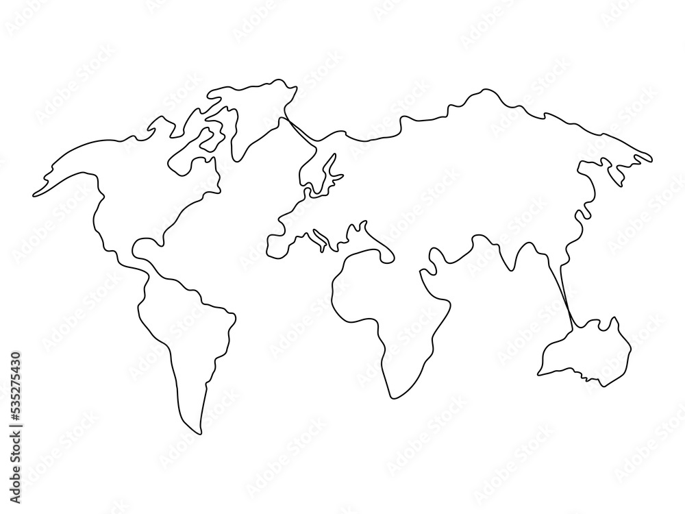 Earth line continuous art continents. World map linear element. Vector isolated on white.