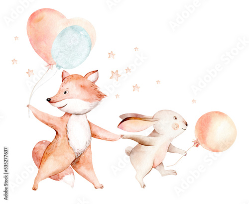 Cute cartoon rabbit and fox animal hand drawn watercolor bunny illustration with air balloon. kids nursery wear fashion design, baby shower invitation card. © kris_art
