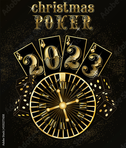 Happy 2023 New year. Christmas Casino background with poker cards and roulette, vector illustration