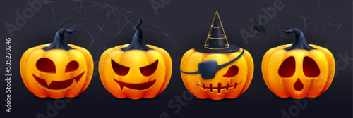 Set of 3D realistic scary and funny halloween pumpkin faces. Halloween  background. Vector illustration