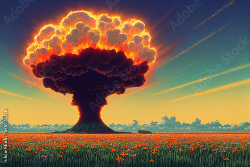 3d illustration of atomic explosion, atomic mushroom cloud, in a floral field