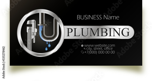 Business card concept for plumbing repair. Water wrench and water pipe