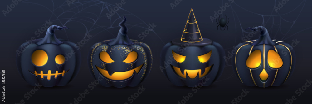 Set of 3D realistic scary and funny halloween pumpkin faces. Halloween background. Vector illustration Set of 3D realistic scary and funny halloween pumpkin faces. Halloween background. Vector illustration