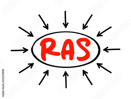 RAS - Remote Access Service is any combination of hardware and software to enable the remote access tools, acronym text concept with arrows