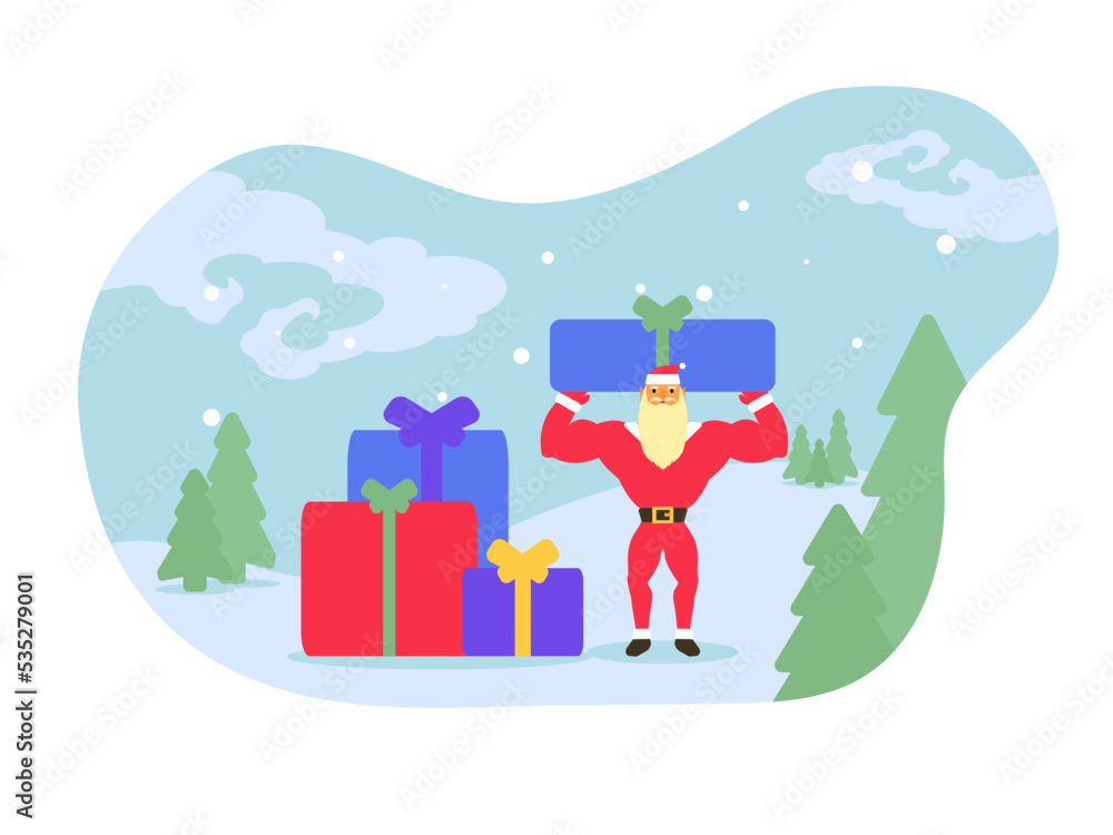 New Year illustration. Santa claus holding gifts