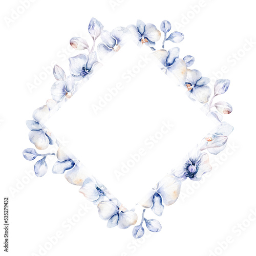 Watercolor floral frame wreath with gold orchid, cherry blossom, cotton head, palm leaves, beige and rose color, white, pink, vivid flowers, green leaves, for wedding greeting card. fashion background