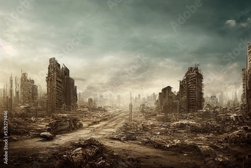 Empty ruined city. Post-apocalypse, houses and roads illustration. Generative AI