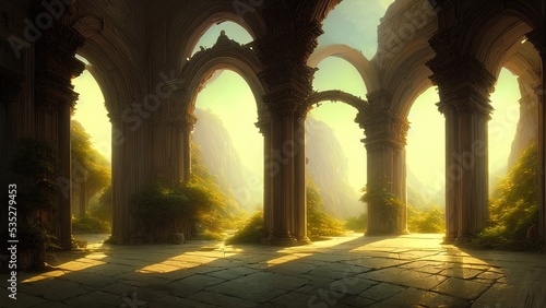 Large panoramic arched windows. Fantasy interior of the palace with windows to the garden. Rays of the sun  shadows. Majestic window. 3D illustration.