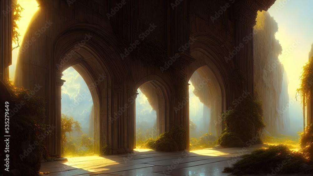 Large panoramic arched windows. Fantasy interior of the palace with windows to the garden. Rays of the sun, shadows. Majestic window. 3D illustration.