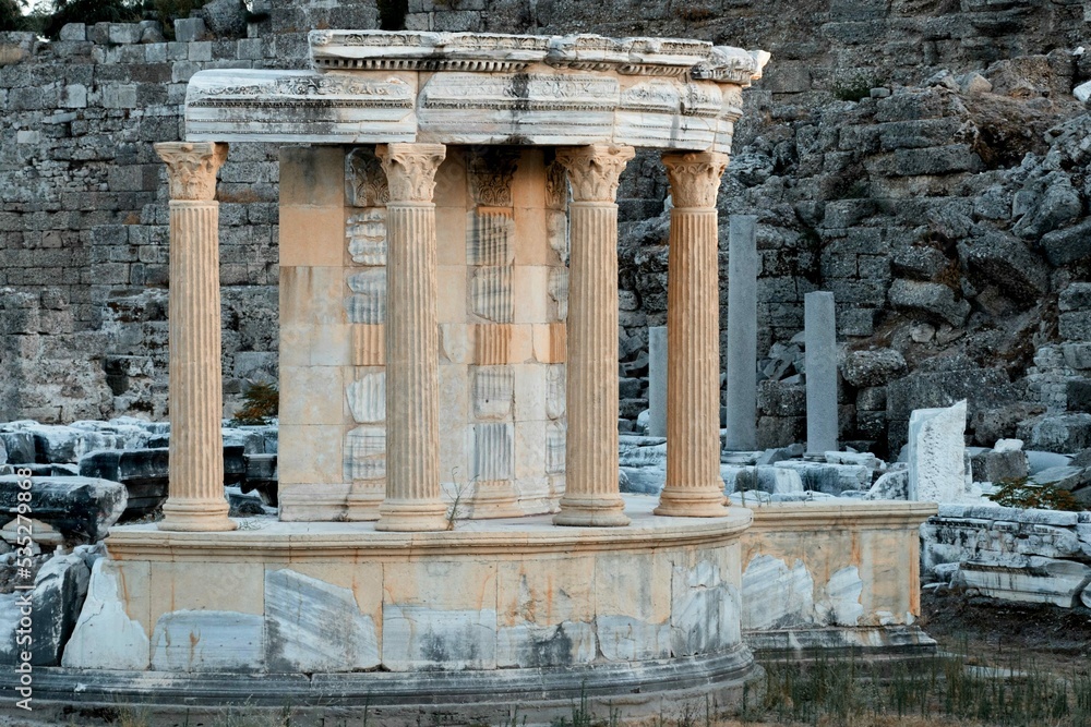 Historical building with marble columns .Elements of architectural decoration of buildings.Ruins of ancient city. Historical building with marble columns .Elements of architectural decoration of buildings.Ruins of ancient city.