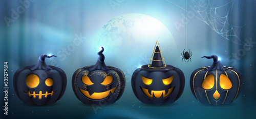 Set of 3D realistic scary and funny halloween pumpkin faces in wild night forest. Halloween  background. Vector illustration
